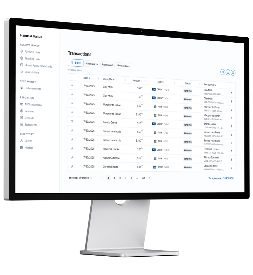 Confido Legal law firm credit card processing transactions dashboard