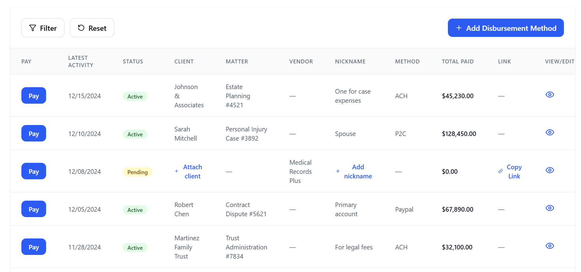 Stored Payout Methods Screen